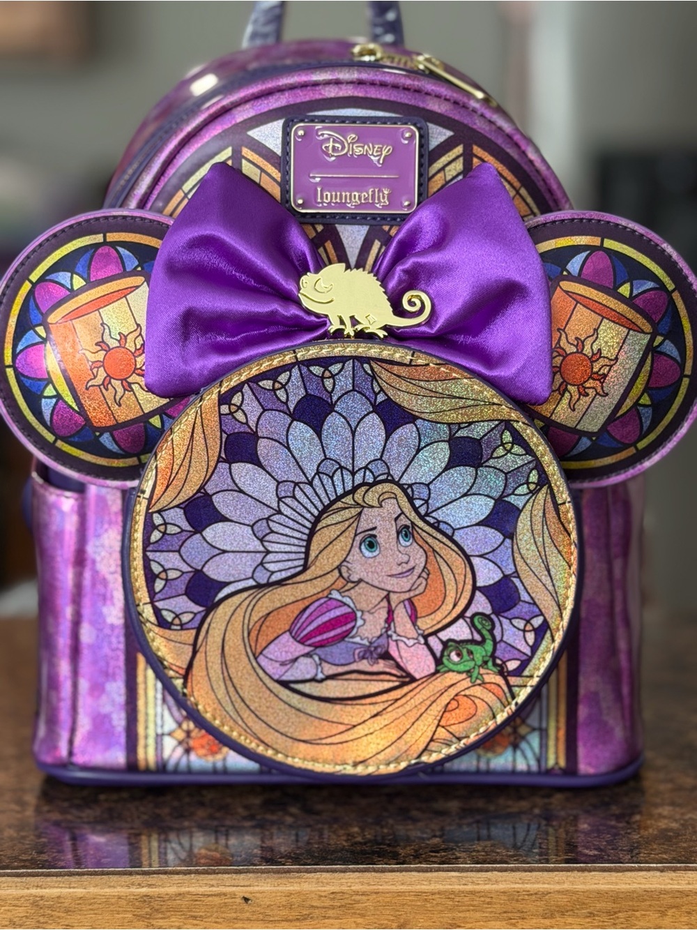 Loungefly Purple Rapunzel Minnie Ear Backpack with Gold Pascal Charm
